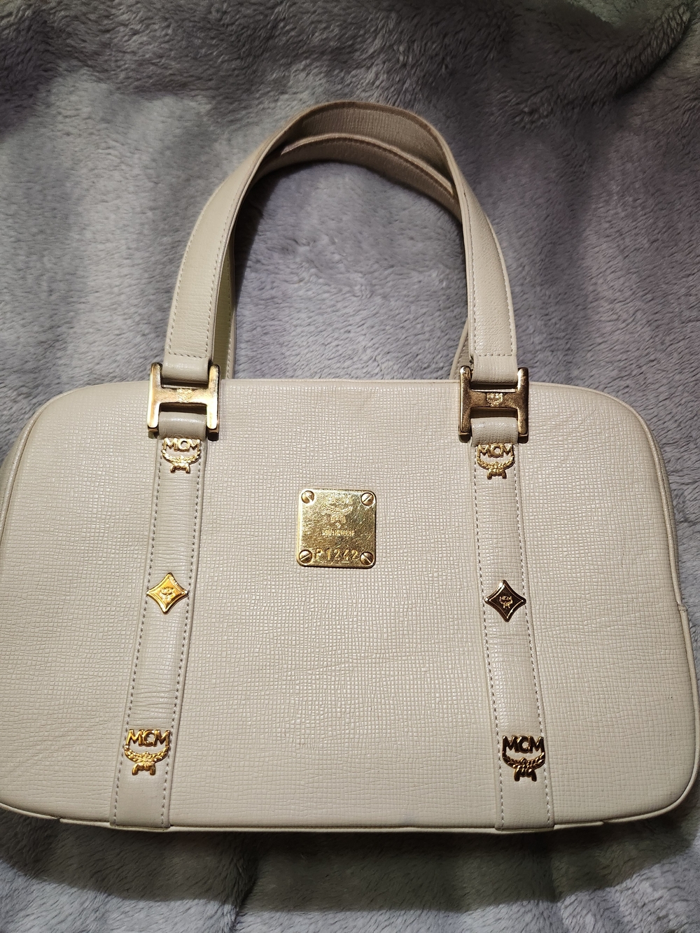 MCM White Saffiano Leather Tote Bag with Gold Hardware, EUC